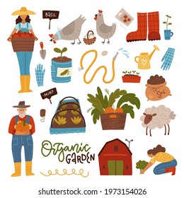 Gardening scene creator. Set of people in garden with harvest, plants, equipment and supplies, woman and man, farm animals, garden bed. Flat cute hand drawn cartoon vector clip art