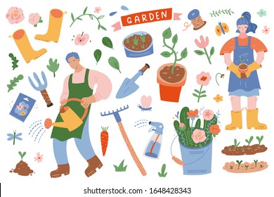 Gardening scene creator. Vector illustrations of people in garden with tools, plants, equipment and supplies, cute hand drawn cartoon, woman and man working in garden, spring flowers, vector clip art