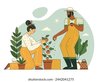 Gardening scene multiracial couple planting seeds together. Spring farming line art concept with people growing veggies and green plants. Man and woman working at garden together.