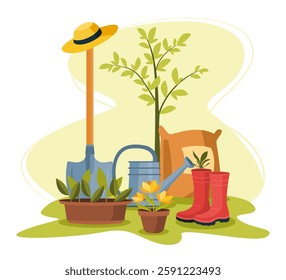 Gardening scene with straw hat hangs on shovel, young tree, watering can, potted plants, fertilizer bag and red rubber boots. Farming tools and agriculture equipment concept. Flat vector illustration.