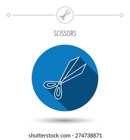 Gardening scissors icon. Secateurs tool sign symbol. Blue flat circle button. Linear icon with shadow. Vector