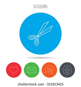Gardening scissors icon. Secateurs tool sign symbol. Mail, download and speech bubble buttons. Like symbol. Vector