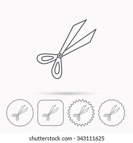 Gardening scissors icon. Secateurs tool sign symbol. Linear circle, square and star buttons with icons.