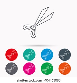 Gardening scissors icon. Secateurs tool sign symbol. Linear icons in circles on white background.