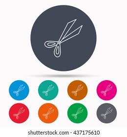 Gardening scissors icon. Secateurs tool sign symbol. Icons in colour circle buttons. Vector