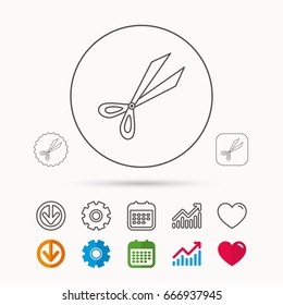 Gardening scissors icon. Secateurs tool sign symbol. Calendar, Graph chart and Cogwheel signs. Download and Heart love linear web icons. Vector