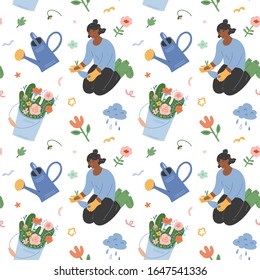 Gardening seamless background, cute woman working in garden, bucket full of fresh spring flowers, modern ahnd drawn cartoon illustration, vector texture ornament, watering can and garden gear.