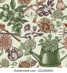 Gardening seamless pattern background design. Engraved style. Hand drawn watering can, apples, cherry, rose, pears, shovel, rake, secateurs, chamomile, sunflower, forget me not flower, ranunculus