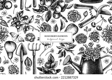 Gardening seamless pattern background design. Engraved style. Hand drawn watering can, apples, cherry, rose, pears, shovel, rake, secateurs, chamomile, sunflower, forget me not flower, ranunculus