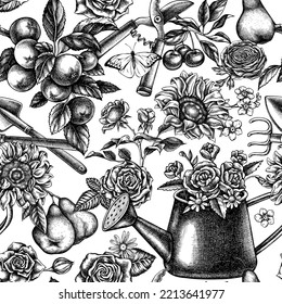 Gardening seamless pattern background design. Engraved style. Hand drawn watering can, apples, cherry, rose, pears, shovel, rake, secateurs, chamomile, sunflower, forget me not flower, ranunculus