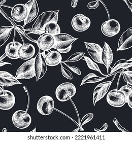 Gardening seamless pattern background design. Engraved style. Hand drawn cherry.