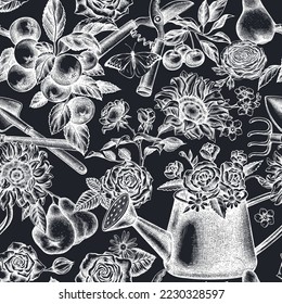 Gardening seamless pattern background design. Engraved style. Hand drawn watering can, apples, cherry, rose, pears, shovel, rake, secateurs, chamomile, sunflower, forget me not flower, ranunculus