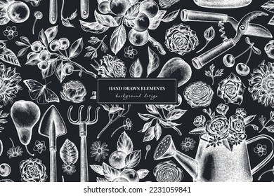 Gardening seamless pattern background design. Engraved style. Hand drawn watering can, apples, cherry, rose, pears, shovel, rake, secateurs, chamomile, sunflower, forget me not flower, ranunculus