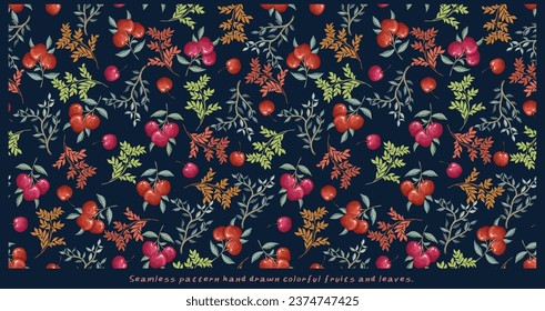 Gardening seamless pattern background design Engraved style. hand-drawn cherry.