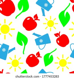 La jardinería es perfecta. Ilustración vectorial colorida. Bañas de agua azul, sol amarillo, hojas verdes y manzanas rojas aisladas en un fondo blanco. Diseño para textiles, Papel tapiz, papel de embalaje.