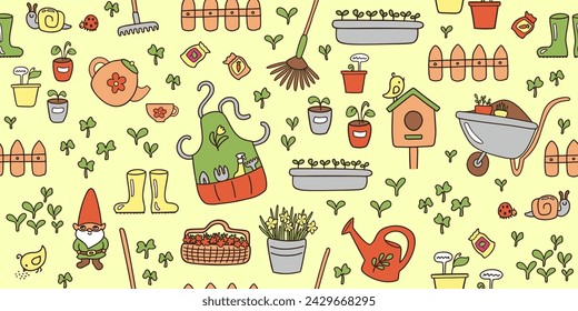 Gardening seamless pattern cottagecore spring clipart. Cute garden objects repeat design. Spring summer gardeners lifestyle print seamless tile. Sustainable hobby vector illustration.