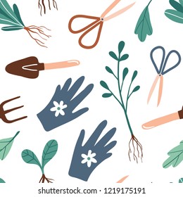 Gardening seamless pattern. Cute garden work hand drawn elements. Garden tools: plants in pots, gloves, shovel, pitchfork. Background for gardener farm. Spring time