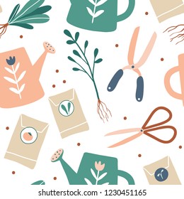 Gardening seamless pattern. Cute garden work hand drawn elements. Garden tools: gloves, seeds, watering can. Background for gardener farm. Spring time
