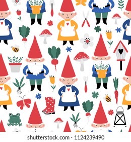 Gardening seamless pattern with cute gnomes on white background