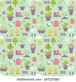 Gardening seamless pattern design with cute flat icons