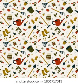 Gardening seamless pattern. Different types of tools for gardening and landscaping. Vector illustration in flat cartoon style on light background