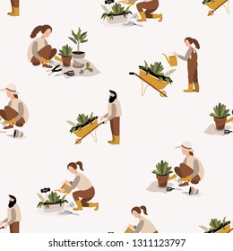 Gardening seamless pattern. Farmer gardener cartoon girl and man growing vegetables, plants and flowers on the farm. Vector illustration