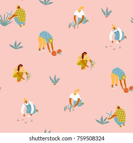 Gardening seamless pattern. Farmer gardener cartoon girl growing vegetables and flowers in the garden  illustration in vector.