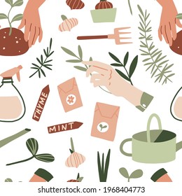 Gardening seamless pattern. Flat Hands holding plants and work elements: tools, seeds, flower pot, watering can. Spring, summer time. Vector Texture for textile, paper, gardener farm, flower store