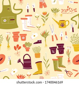 Gardening seamless pattern with flowerpot, gardener, gloves and secateurs and etc.