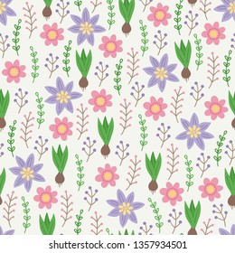Gardening seamless pattern with flowers, hyacinth, leaves and berries. Perfect for spring, summer background, greeting cards, gift paper, textile
