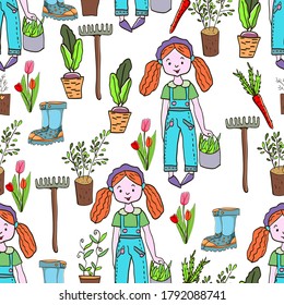 Gardening seamless pattern with garden elements: rake, shovel, seedlings, watering can, rubber boots, onions, carrots, beets garden gloves and flowers. Harvest time