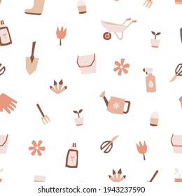 Gardening seamless pattern with garden gloves, watering can, pitchfork, plants, flowers, spade, wheelbarrow, garden shears, flower-sprayer, rubber boots. Spring design.