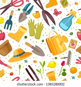 Gardening seamless pattern with garden tools branches and leaves on white background