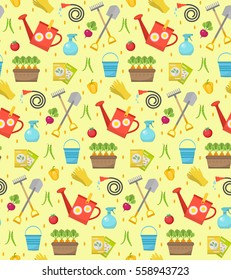 Gardening seamless pattern with garden tools. Spring endless backdrop. Horticulture texture, wallpaper. Cute summer background. Vector illustration