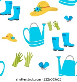Gardening. seamless pattern with garden watering can, gloves, rubber boots