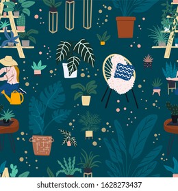 Gardening seamless pattern. Hand drawn flat cartoon style urban jungle concept. House plants, scandinavian interior style