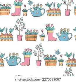 Gardening seamless pattern with hand drawn doodles and cartoon elements on white background. Flower pots and flowers for textile prints, wallpaper, scrapbooking, stationery, etc. EPS 10