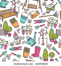 Gardening seamless pattern with hand drawn farming equipment vector illustration