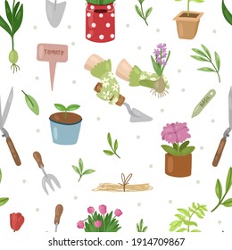 Gardening seamless pattern isolated on white background. Vector hand drawn illustration.