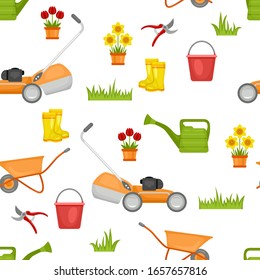 Gardening seamless pattern on white background. Vector bright color illustration of garden tools, potted flowers and green grass isolated on white background. Cartoon flat style.
