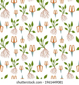 Gardening seamless pattern on white background. Secateurs and plant with roots. Vector hand drawn spring pattern. Textile, home decor, wrapping paper.