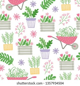 Gardening seamless pattern with pots, flowers, leaves and truck. Perfect for spring, summer background, greeting cards, gift paper, textile