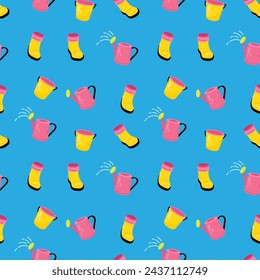 Gardening seamless pattern with rubber boots and watering can