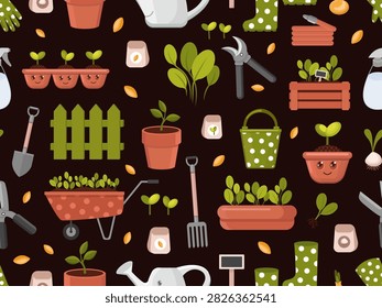 Gardening seamless pattern set of elements on a dark background
