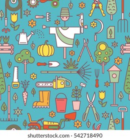 Gardening seamless pattern with Tools and Equipment. Line art modern style,Design for background, textile,web.

