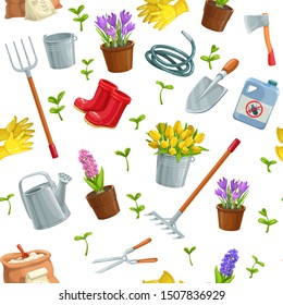 Gardening Seamless Pattern Gardening With Tools, Flowers , Rubber Boots, Seedling, Tulips, Gardening Can Or Fertilizer, Glove, Crocus And Etc. For Design Garden Center. Vector Illustration.