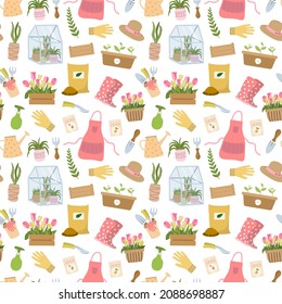 Gardening seamless pattern with tools, flowers, rubber boots, seeds, tulips, gloves, etc. for design garden center. Vector illustration. Isolated on white background.