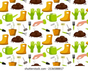 Gardening seamless pattern. Tools, garden gloves, rubber boots, watering can, tags, human hand, soil. Floristry, agriculture, gardening, hobby, outdoor activities. For wallpaper, textile, wrapping .
