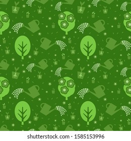 Gardening seamless pattern with trees, large plant crowns, flowers and watering cans with a rose device and water droplets. 