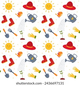 Gardening seamless pattern. Various garden items. Gardening Tools. Gloves with sun, hat, shovel, rake, watering can, bird.